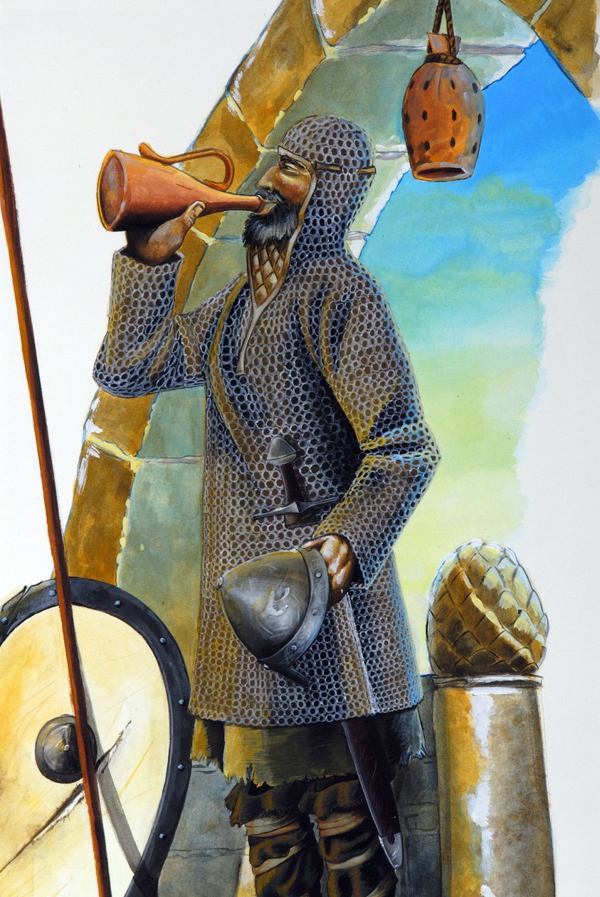 Primeira cruzada: uma grua em repouso, equipada com o seu casaco de malha, bebe a garrafa, o seu escudo e a sua lança são colocados perto dele. Ilustração de Alessandro Lonati de Alessandro Lonati