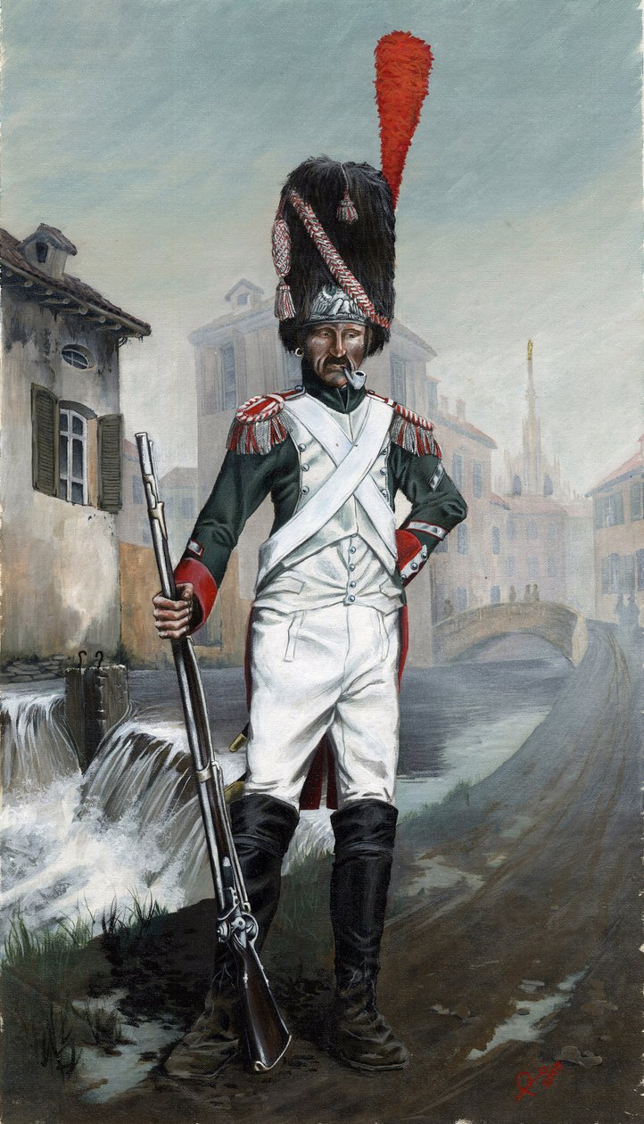 Primeiro império (1804-1814 e 1815): Soldados granadeiros italianos perto do canal de Milão com a catedral ao fundo. Desenho de Alessandro Lonati de Alessandro Lonati