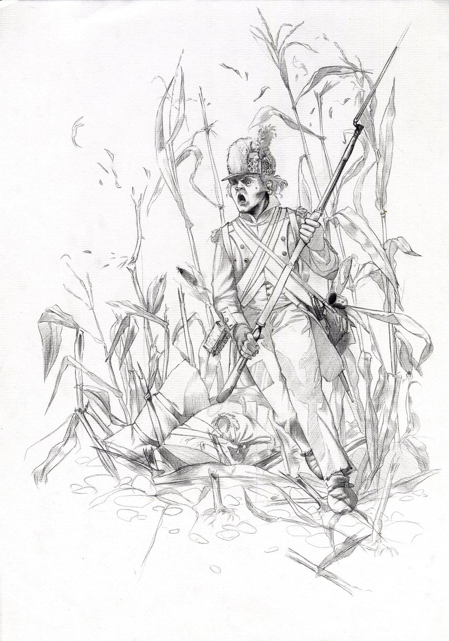 Primeiro império (1804-1814 e 1815): soldado do exército napoleónico, soldado de infantaria invadiu um campo de milho com um camarada ferido. Desenho de Alessandro Lonati de Alessandro Lonati