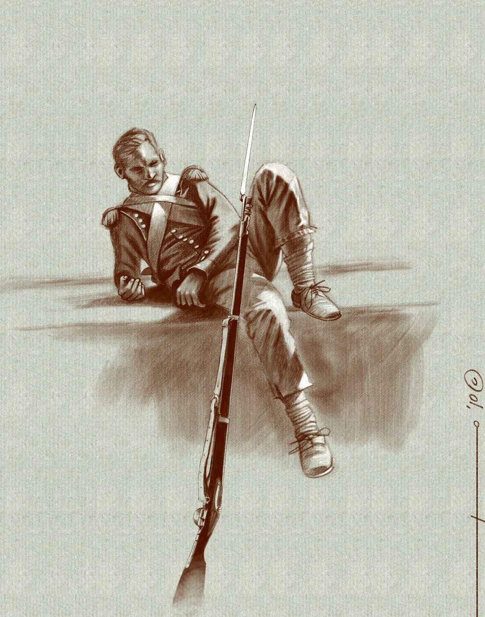 Primeiro império: soldado de infantaria ligeira em repouso durante uma campanha de Napoleão I (provavelmente na Rússia) no início do século XIX. Ilustração de Alesandro Lonati. 2010 de Alessandro Lonati