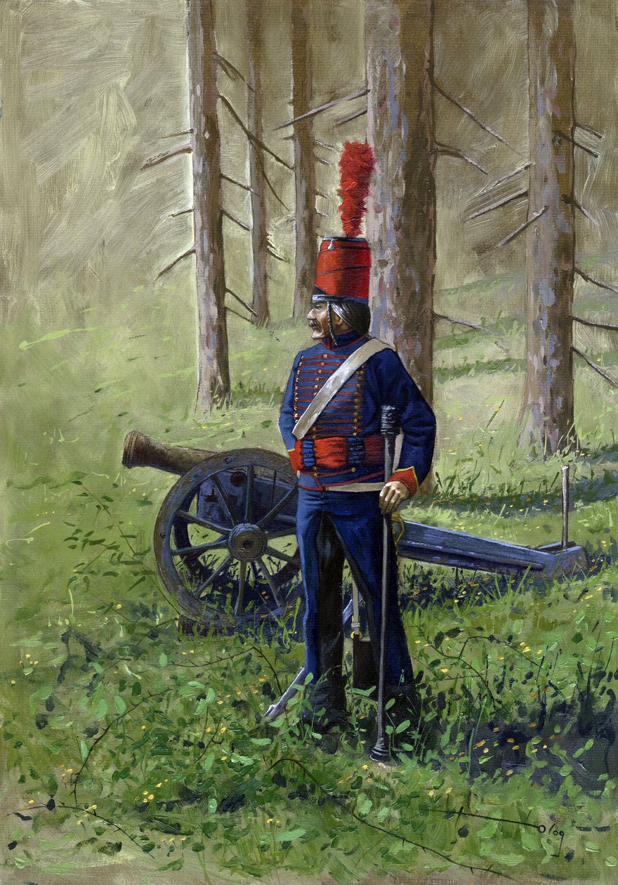 Primeiro império: membro da artilharia revolucionária perto do seu canhão. Desenho de Alessandro Lonati de Alessandro Lonati