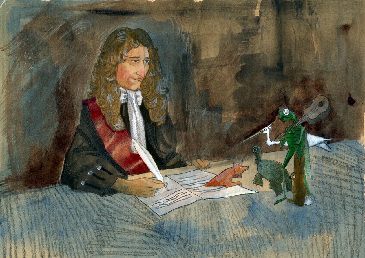 O escritor francês Jean de la Fontaine olhando para as suas personagens das suas fábulas Ilustração de Alessandro Lonati de Alessandro Lonati
