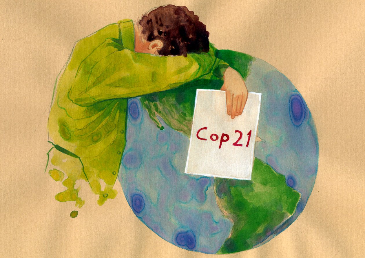 Futuro da Terra, um homem chorão segurando nas suas mãos o sinal Cop 21 (2015 Conferência das Nações Unidas sobre Alterações Climáticas) realizada em Paris, que deveria encontrar soluções para o aquecimento global e a poluição) Ilustração de Alessandro Lon de Alessandro Lonati