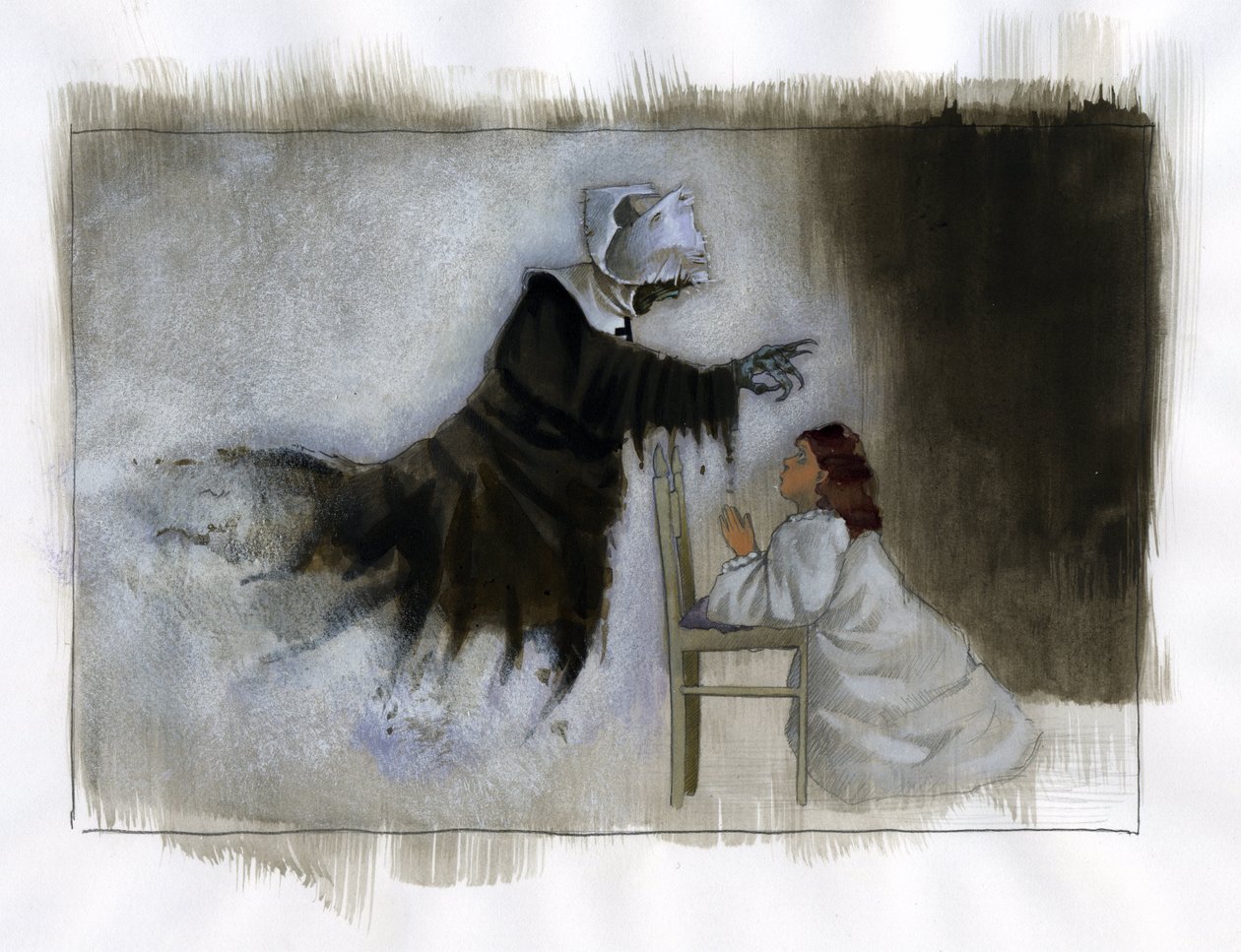 O fantasma de uma freira idosa de mãos tortas aparece a uma menina a rezar Ilustração de Alessandro Lonati de Alessandro Lonati