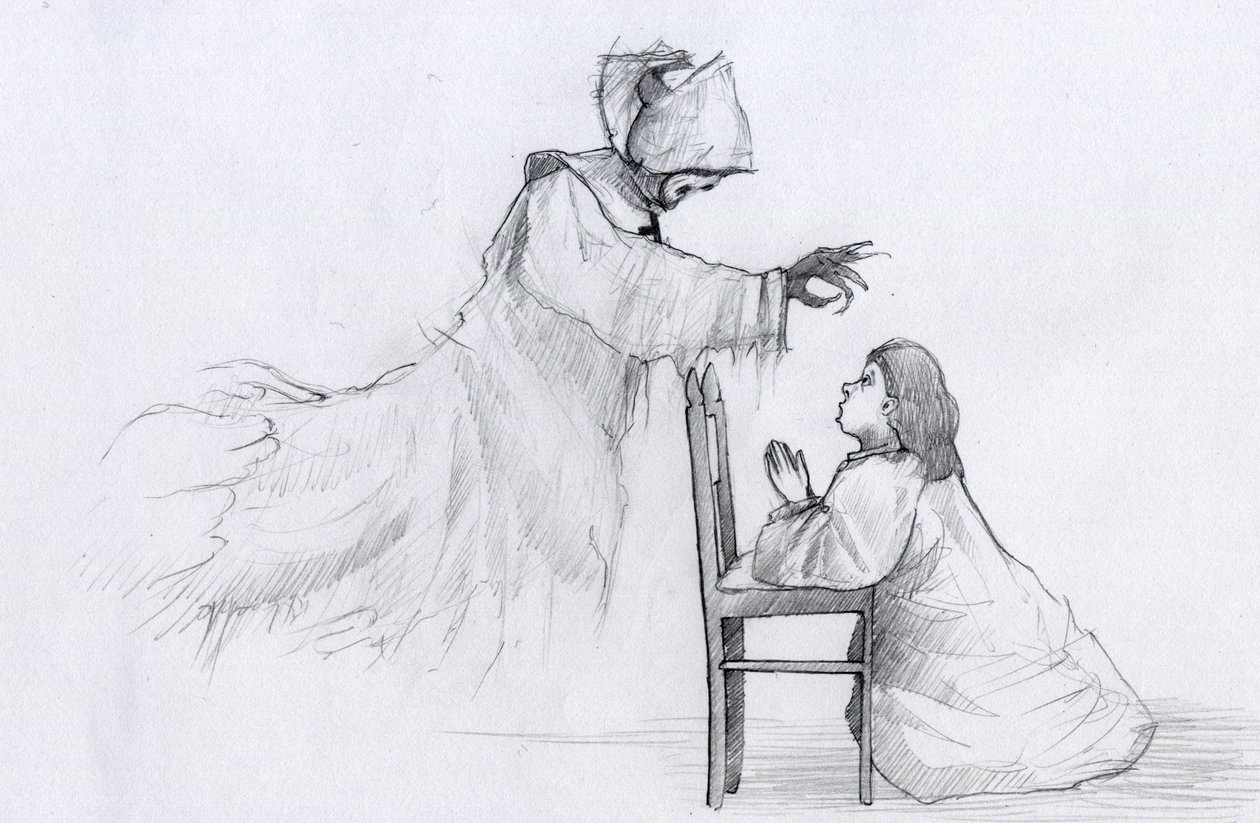O fantasma de uma freira idosa de mãos tortas aparece a uma menina a rezar Ilustração de Alessandro Lonati de Alessandro Lonati