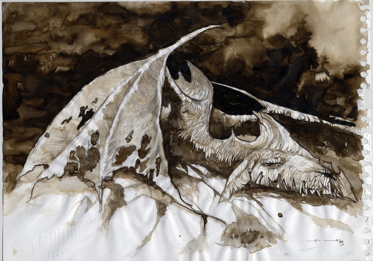 Ilustração de um animal fantástico e lendário: carcaça de dragão morto. Desenho a cores por Alessandro Lonati. de Alessandro Lonati