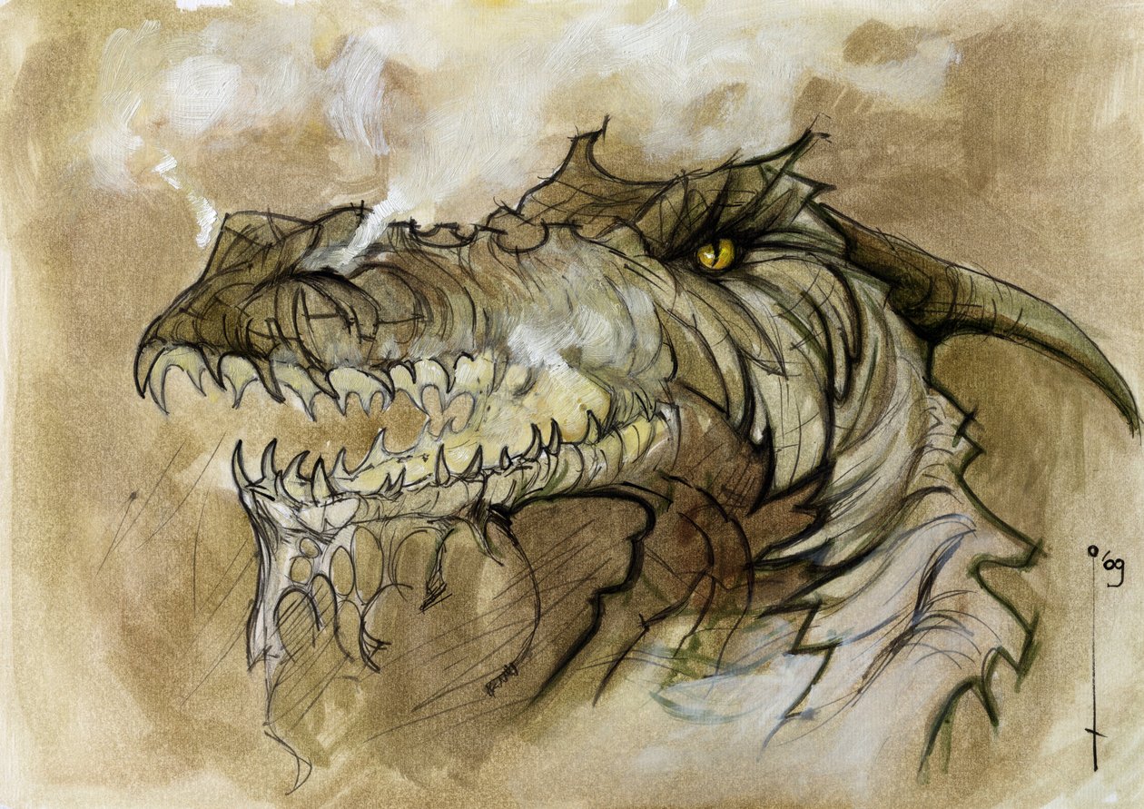 Ilustração de um animal fantástico e lendário: cabeça de dragão a rejeitar fumo através do focinho. Desenho colorido por Alessandro Lonati. de Alessandro Lonati