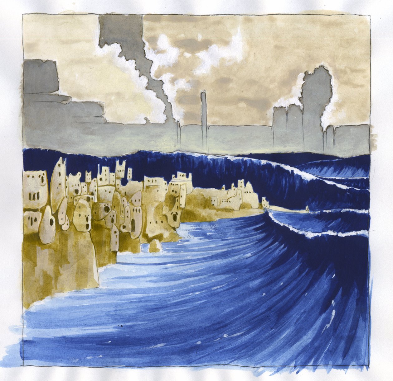 Ilustração do mito da ilha desaparecida sob o mar da Atlântida: vista do mar agitado após a erupção do vulcão que inundou a lendária ilha. Desenho colorido de Alessandro Lonati. de Alessandro Lonati