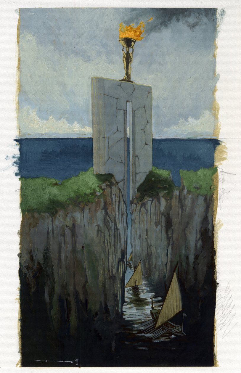 Ilustração do mito da ilha desapareceu sob o Mar da Atlântida: a porta de entrada para a cidade grega da lendária ilha antes do seu desaparecimento. Os barcos passam entre dois penhascos. Desenho colorido de Alessandro Lonati. de Alessandro Lonati