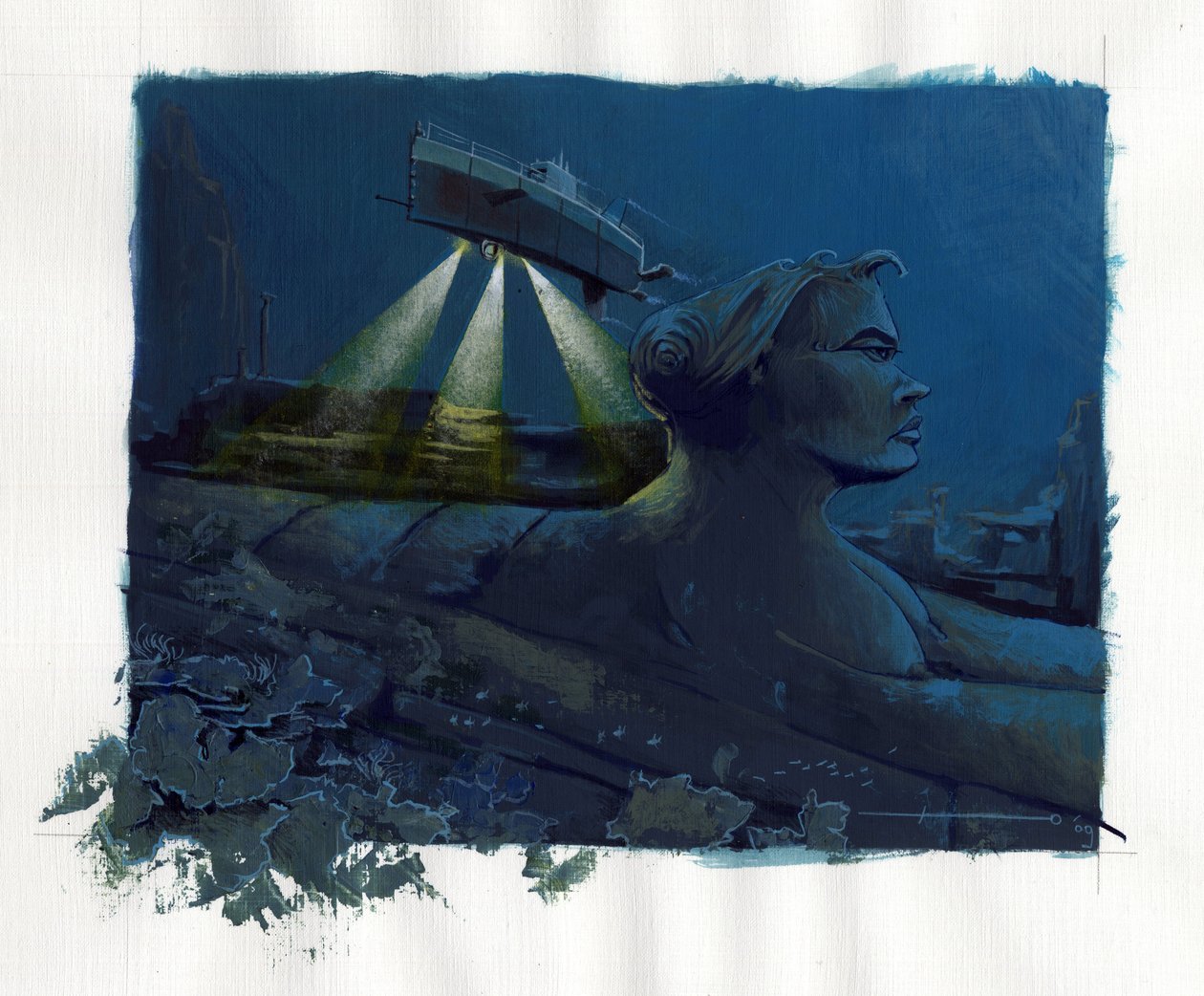 Ilustração do mito da ilha desaparecida sob o Mar da Atlântida (Atlantis): um submarino (submarino) explora os fundos e descobre as ruínas da lendária ilha. Desenho a cores de Alessandro Lonati. de Alessandro Lonati