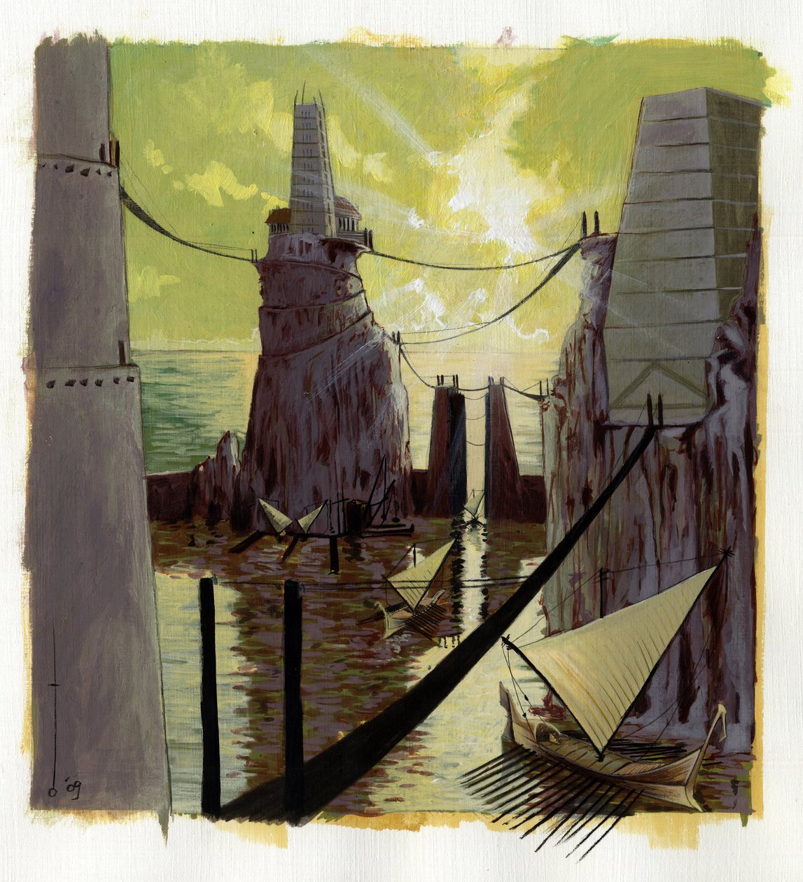 Ilustração do mito da ilha desaparecida sob o Mar da Atlântida: vista da cidade grega da lendária ilha antes do seu desaparecimento. Desenho a cores de Alessandro Lonati. de Alessandro Lonati