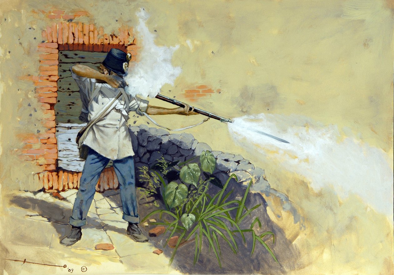 Campanha italiana: um soldado de infantaria austríaco a abrir fogo na batalha de Solferino entre o Império Austro-Húngaro de François-Joseph (François Joseph) I da Áustria e a coligação Franco-Sardenha de Napoleão III e Victor Emmanuel II (Victor-Emmanu de Alessandro Lonati
