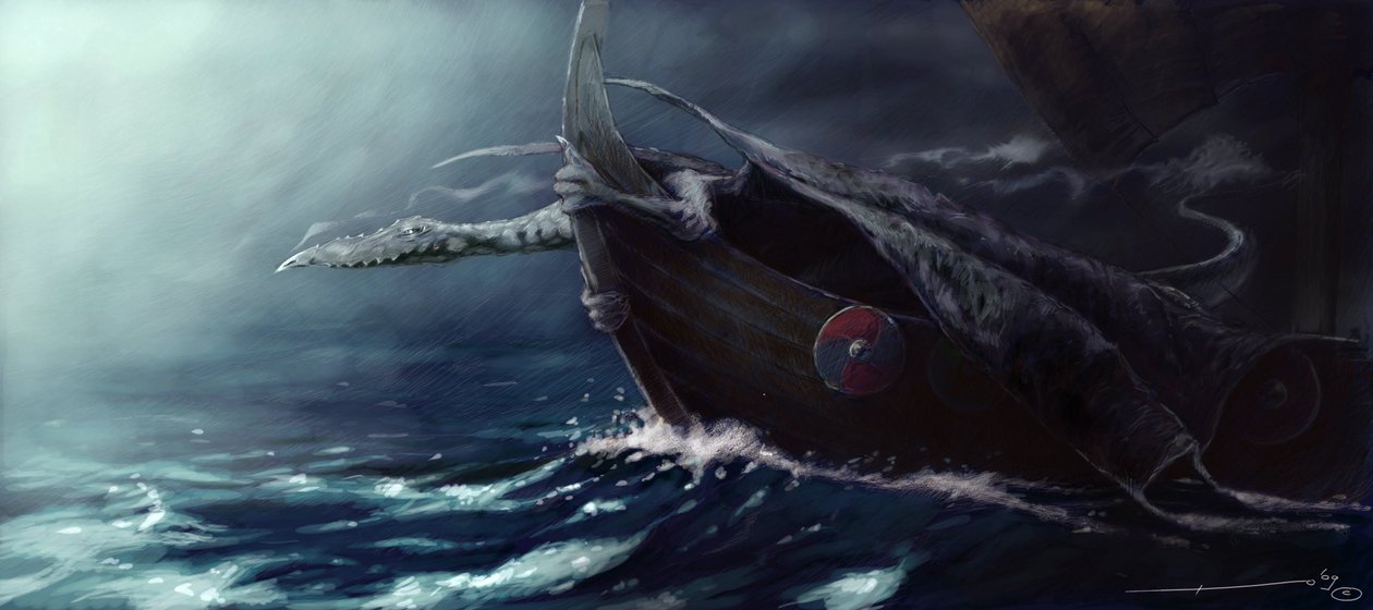 Criatura lendária: Dragon Attacking a Drakkar (Viking Boat) Desenho de Alessandro Lonati de Alessandro Lonati