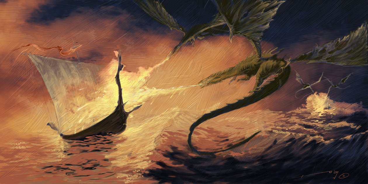 Criatura lendária: Dragon Attacking a Drakkar (Viking Boat) Desenho de Alessandro Lonati de Alessandro Lonati