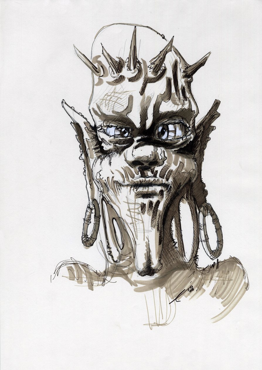 Monstro lendário para ilustração de Fantasia: rosto de uma criatura tribal ou troll. Desenho de Alessandro Lonati de Alessandro Lonati