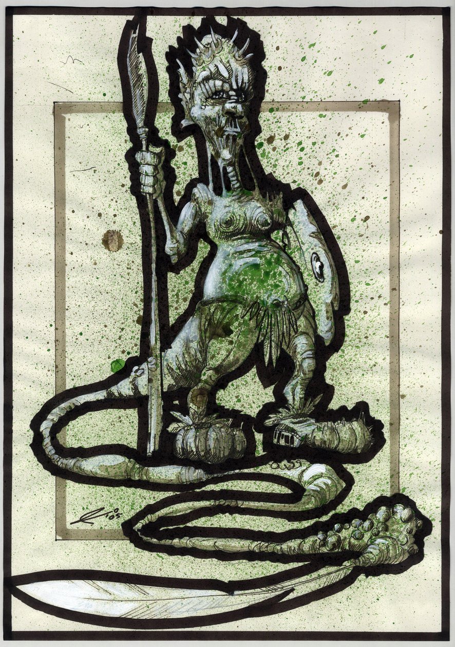 Monstro lendário para ilustração de Fantasia: rosto de uma criatura tribal ou guerreiro com lança, escudo e cauda de pena. Desenho de Alessandro Lonati de Alessandro Lonati