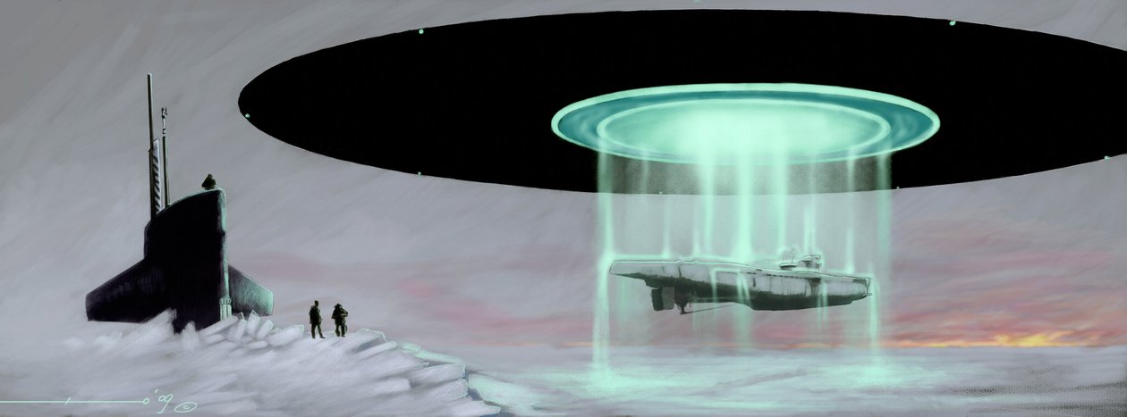 Encontro no Pólo Norte entre um submarino de submarino de submarino em "Uboot" e um disco voador (OVNI, OVNI ou extraterrestre) para a restituição de um submarino capturado por extraterrestres durante a guerra. Desenho por Alessandro Lonati de Alessandro Lonati