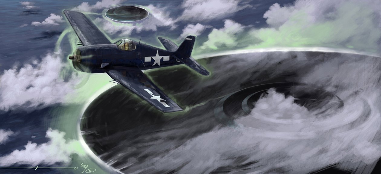Fenómenos misteriosos: retratando o desaparecimento de um avião da Marinha dos EUA no triângulo das Bermudas nos anos quarenta. Uma lenda sugere que seria o trabalho de OVNIs (OVNIs ou alienígenas) aqui representados. Desenho de Alessandro Lonati de Alessandro Lonati