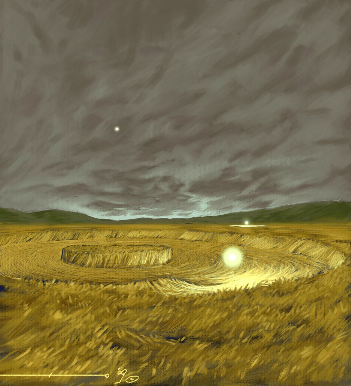 Fenómenos misteriosos: representação da lendária formação de Círculos de Culturas (agróglifos, círculo de culturas ou círculo de trigo) formas geométricas feitas em campos de trigo que, segundo certas teorias, são obra de alienígenas (OVNIs ou OVNIs). Dese de Alessandro Lonati