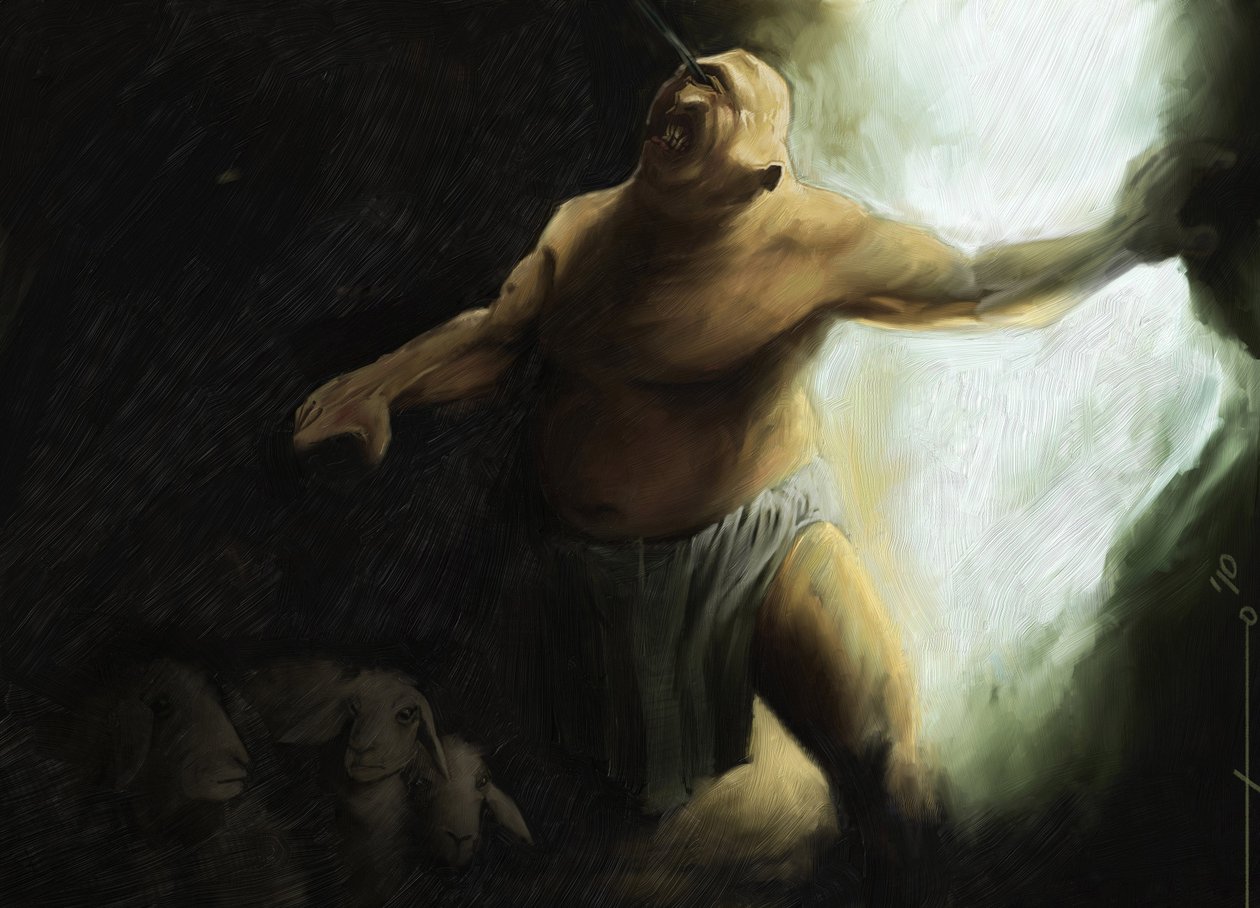 Odisseu de Homere: o Ciclope Polypheme é cego por Ulisses na sua caverna. Ilustração de Alessandro Lonati. 2010 de Alessandro Lonati