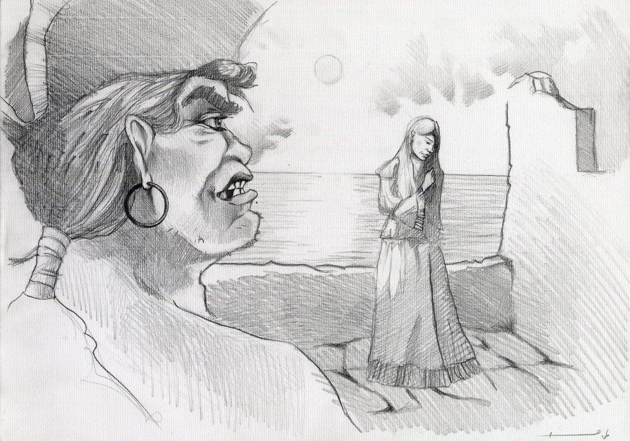 Pirata (corsário) das Caraíbas a ameaçar uma senhora numa fortaleza. Desenho de Alessandro Lonati. de Alessandro Lonati
