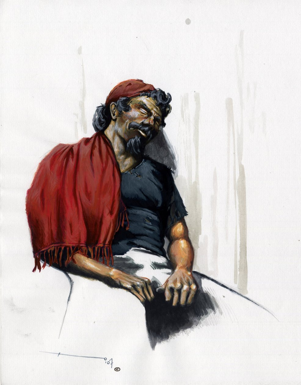 Pirata (corsário) ou marinheiro adormecido. Desenho a cores por Alessandro Lonati. de Alessandro Lonati
