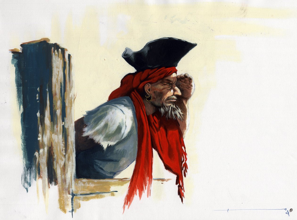 Pirata das Caraíbas a olhar para o horizonte. Desenho de Alessandro Lonati. de Alessandro Lonati