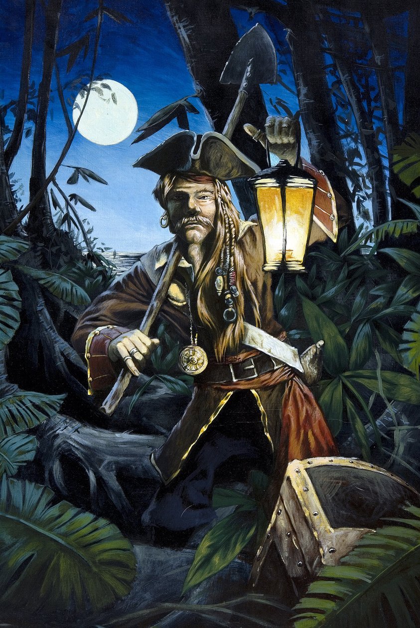 Pirata das Caraíbas com lanterna, à noite, escondendo o seu tesouro na floresta de uma ilha. Desenho colorido de Alessandro Lonati. de Alessandro Lonati