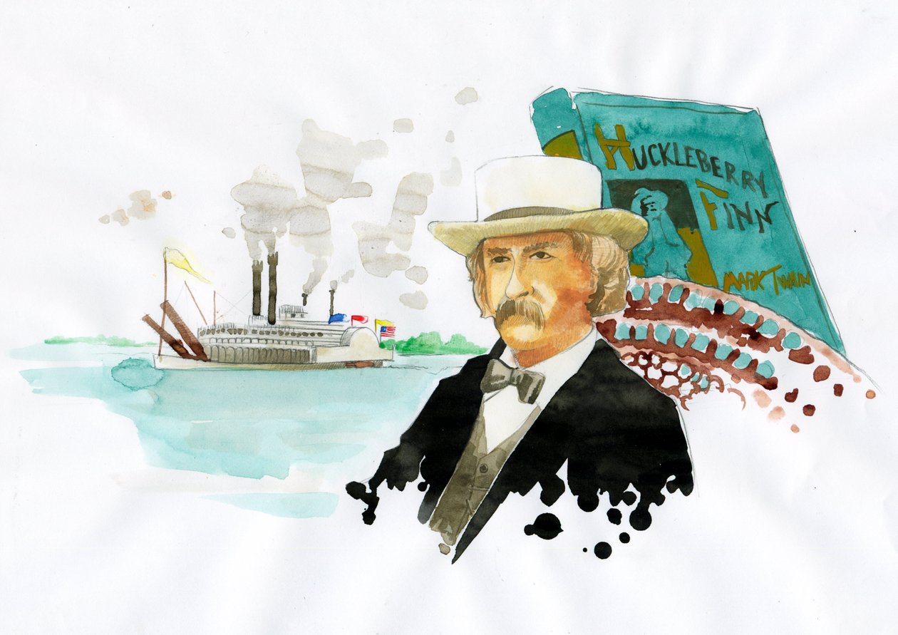 Retrato do escritor americano Mark Twain (1835-1910) (Retrato do escritor americano Mark Twain) Ilustração de Alessandro Lonati de Alessandro Lonati