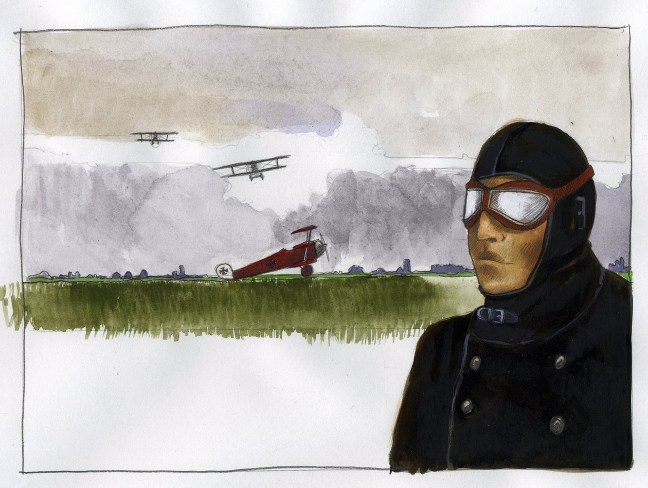 Retrato de Manfred von Richthofen apelida o barão vermelho (1892-1918) aviador alemão (Retrato de Manfred von Richthofen, o barão vermelho, piloto de caça alemão) Ilustração de Alessandro Lonati de Alessandro Lonati