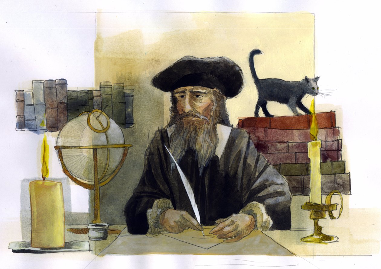 Retrato de Michel de Notre Dame (Nostradamus) astrólogo inglês - Retrato de Nostradamus, Michel de Notre Dame (1503-1566) astrólogo e doutor francais Ilustração de Alessandro Lonati de Alessandro Lonati