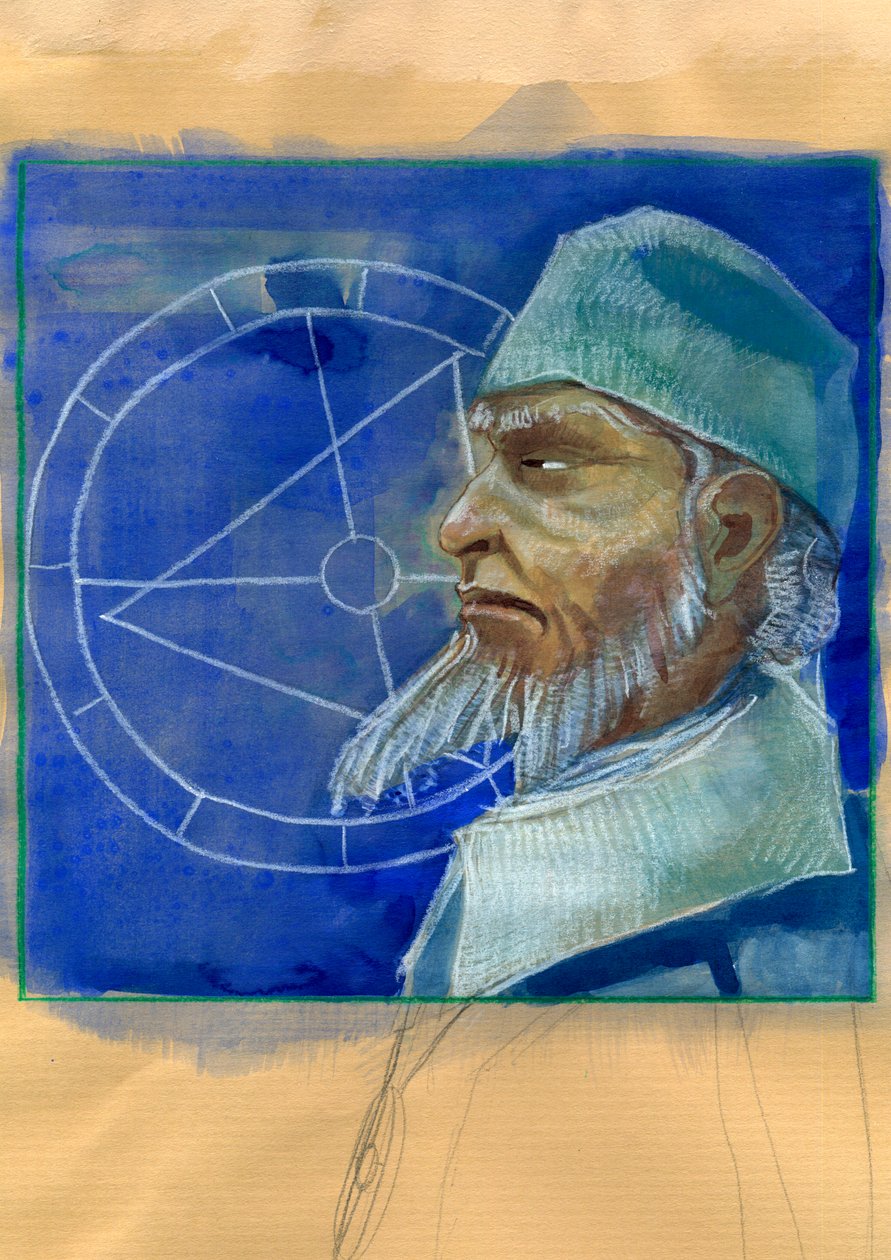 Retrato de Michel de Notre Dame (Nostradamus) astrólogo inglês - Retrato de Nostradamus, Michel de Notre Dame (1503-1566) astrólogo e doutor francais Ilustração de Alessandro Lonati de Alessandro Lonati