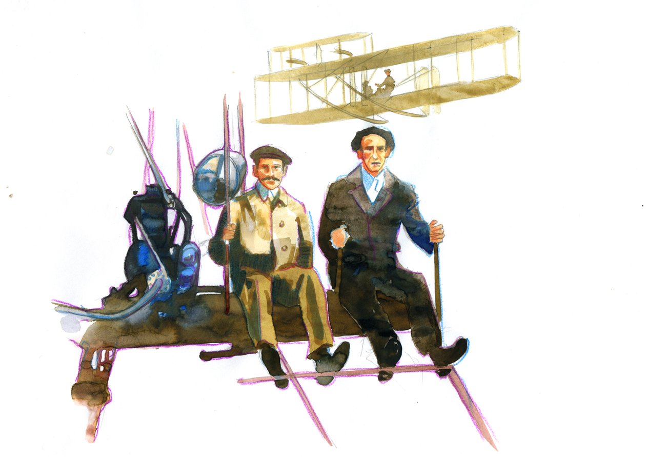 Retrato de Orville (1871-1948) e Wilbur Wright (1867-1912) pioneiros americanos da aviação (irmãos Wright, Orville e Wilbur, irmãos americanos, inventores e pioneiros da aviação) de Alessandro Lonati