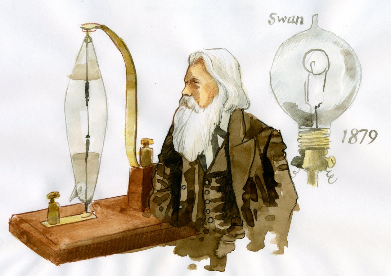 Retrato de Sir Joseph Wilson Swan (1828-1914) Electricista e químico britânico (Retrato do físico e químico britânico Joseph Swan) de Alessandro Lonati