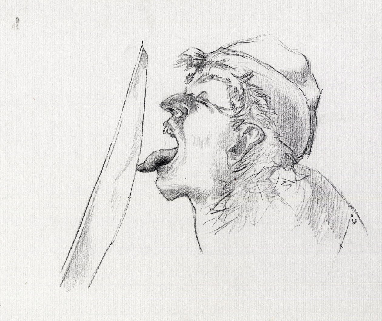 Retrato de um pirata (corsário) desafiando a espada ao tocar-lhe com a língua. Desenho de Alessandro Lonati. de Alessandro Lonati
