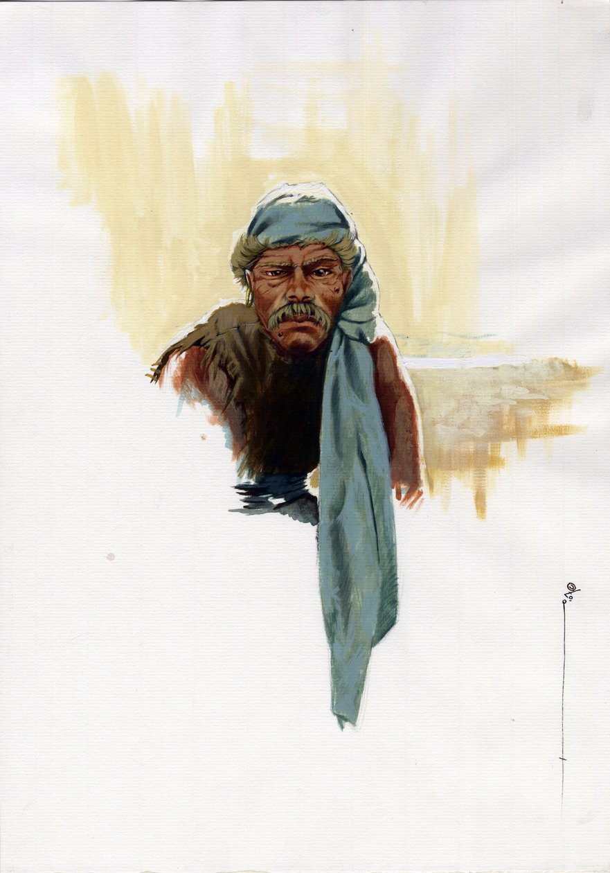 Retrato de um pirata (corsário) ou marinheiro sentado à luz do dia. Desenho a cores de Alessandro Lonati. de Alessandro Lonati