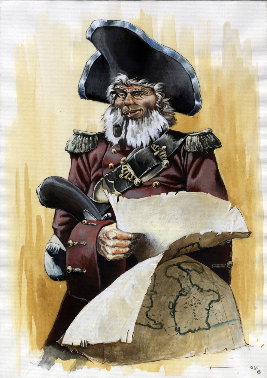 Retrato de um pirata (corsário) ou marinheiro usando um tricórnio com um mapa do tesouro nas suas mãos. Desenho a cores de Alessandro Lonati. de Alessandro Lonati