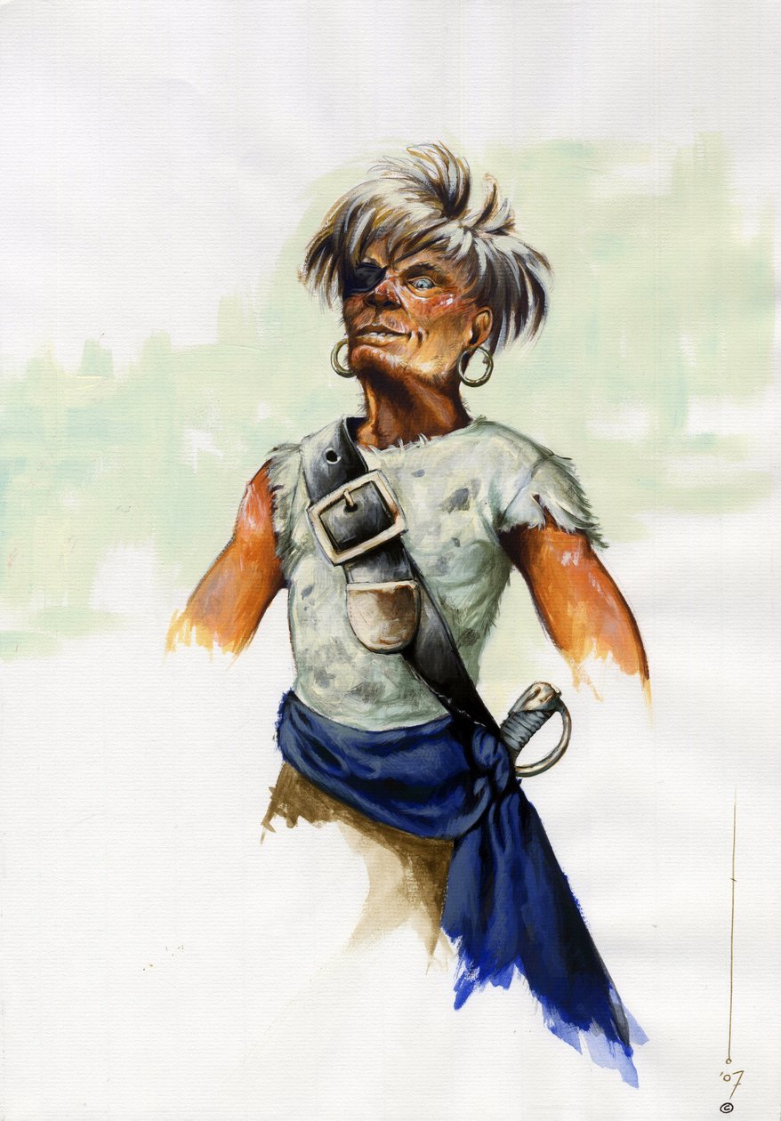 Retrato de um pirata (corsário) ou marinheiro de olhos vendados (com um olho só). Desenho a cores de Alessandro Lonati. de Alessandro Lonati