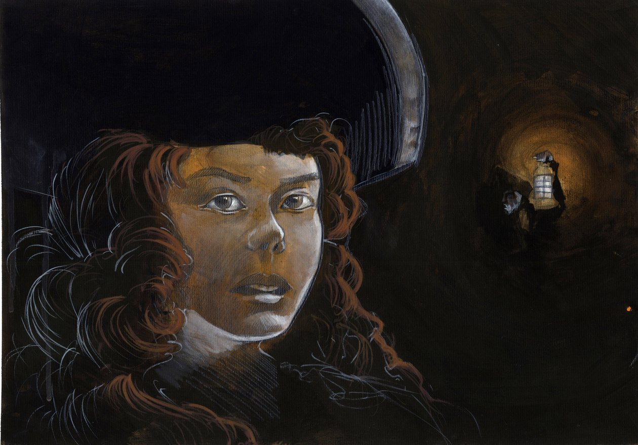 Retrato de uma mulher pirata (corsário) ou marinheiro na noite, iluminado por uma lanterna de outro pirata. Desenho a cores de Alessandro Lonati. de Alessandro Lonati