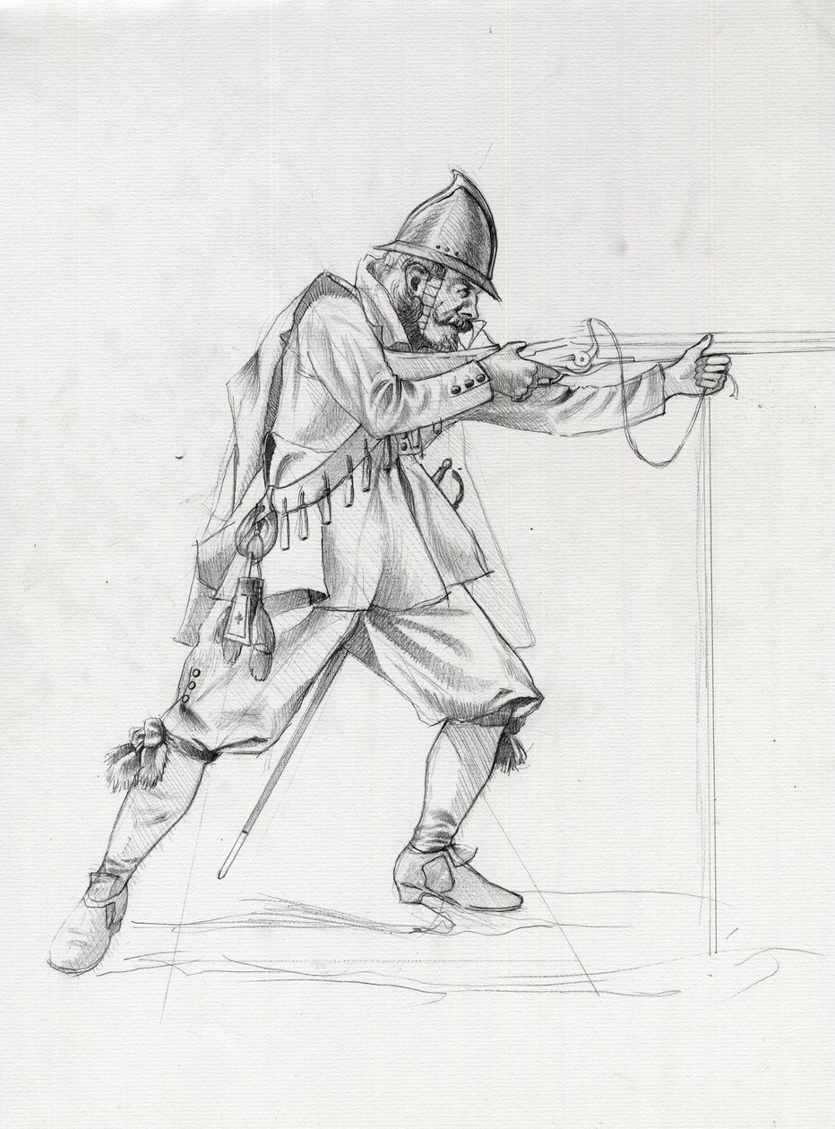 Retrato de um soldado de navio do século XVII a colocar-se numa posição de tiro. Desenho de Alessandro Lonati. de Alessandro Lonati
