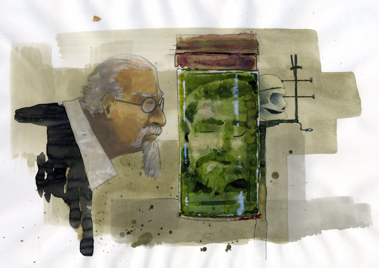 Retrato de criminólogo italiano olhando para a sua própria cabeça preservado em formalin Ilustração de Alessandro Lonati de Alessandro Lonati