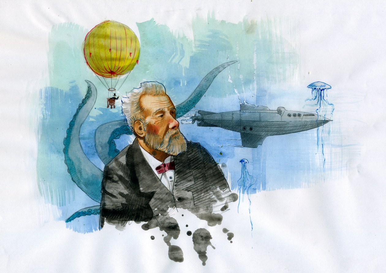 Retrato do escritor francês Jules Verne (1828-1905) (Retrato do escritor francês Jules Verne) Ilustração de Alessandro Lonati de Alessandro Lonati