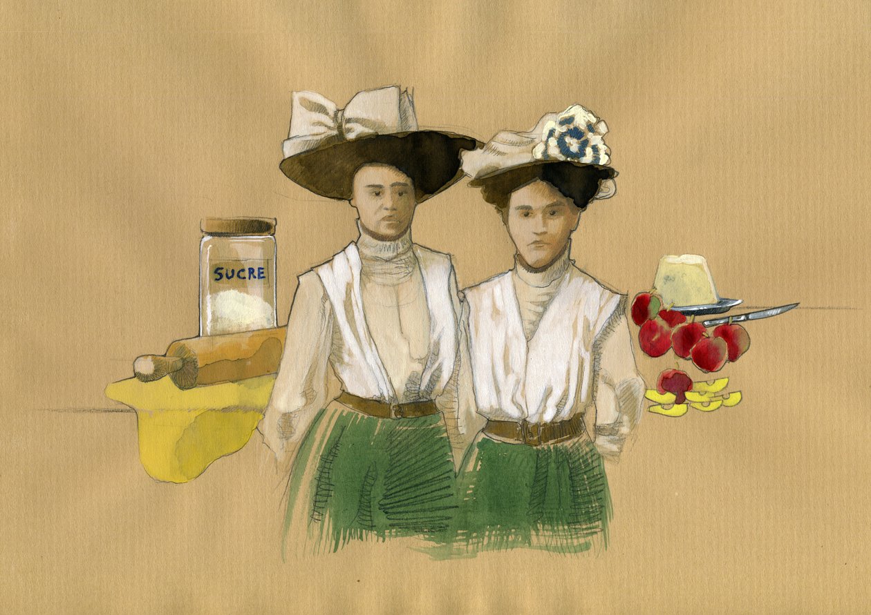 Retrato das irmãs Stephanie (1838-1917) e Caroline Tatin (1847-1911) que inventaram a sobremesa francais tatin a de Lamotte-Beuvron en Sologne (Retrato das irmãs Stephanie e Caroline Tatin que inventaram a pastelaria de cabeça para baixo em que a fruta (us de Alessandro Lonati