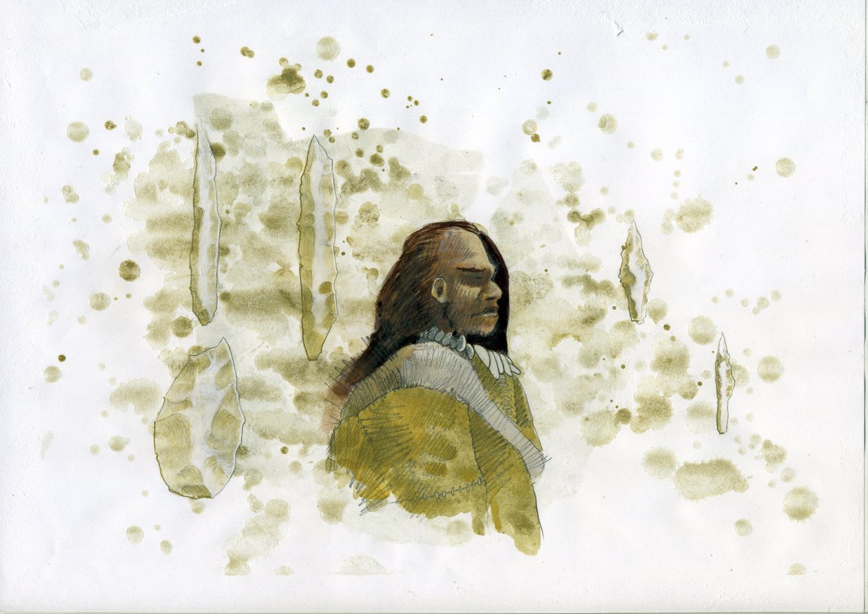 Pré-história: Homem de Neanderthal com ferramentas de sílex Ilustração de Alessandro Lonati de Alessandro Lonati