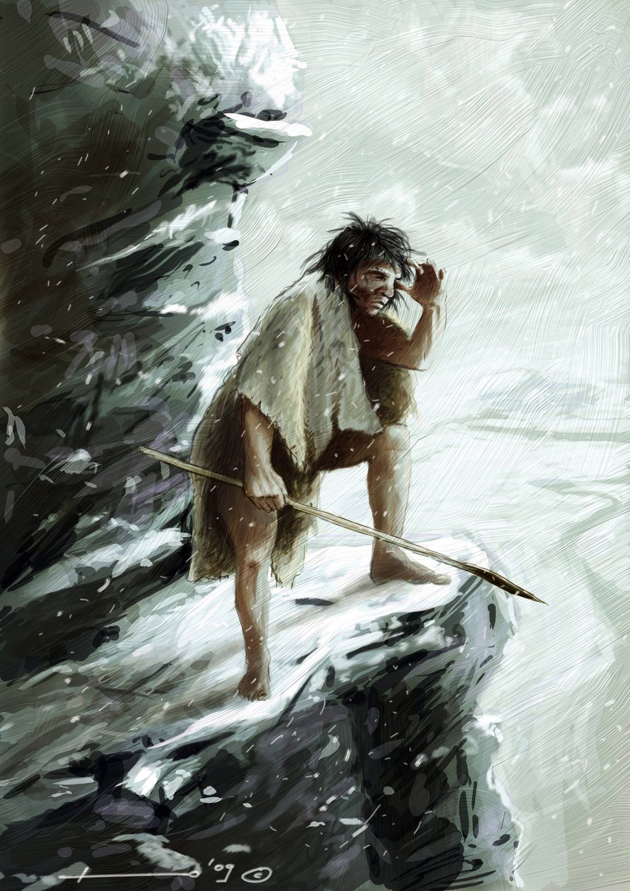 Pré-história: um homem de Neanderthal (Neanderthal ou Neanderthal: Homo sapiens), debaixo da neve, empoleirado numa rocha, olha para o horizonte. Desenho de Alessandro Lonati de Alessandro Lonati