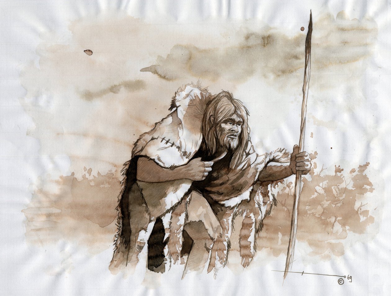 Pré-história: representação de um homem do Neandertal ou Neandertal no Paleolítico Médio. Desenho de Alessandro Lonati de Alessandro Lonati