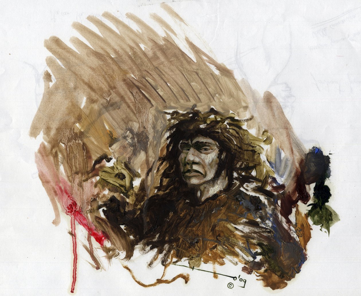 Pré-história: representação de um homem do Neandertal ou Neandertal no Paleolítico Médio. Desenho de Alessandro Lonati de Alessandro Lonati