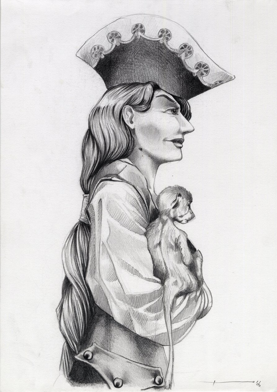 Retrato de perfil de uma mulher pirata das Caraíbas (corsário), com um macaquinho nos braços. Desenho de Alessandro Lonati. de Alessandro Lonati
