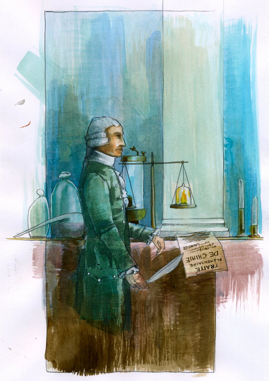Representação de Antoine Lavoisier (1743-1794) Químico, filósofo e economista francês (Retrato do nobre e químico francês Antoine Lavoisier) Ilustração de Alessandro Lonati de Alessandro Lonati