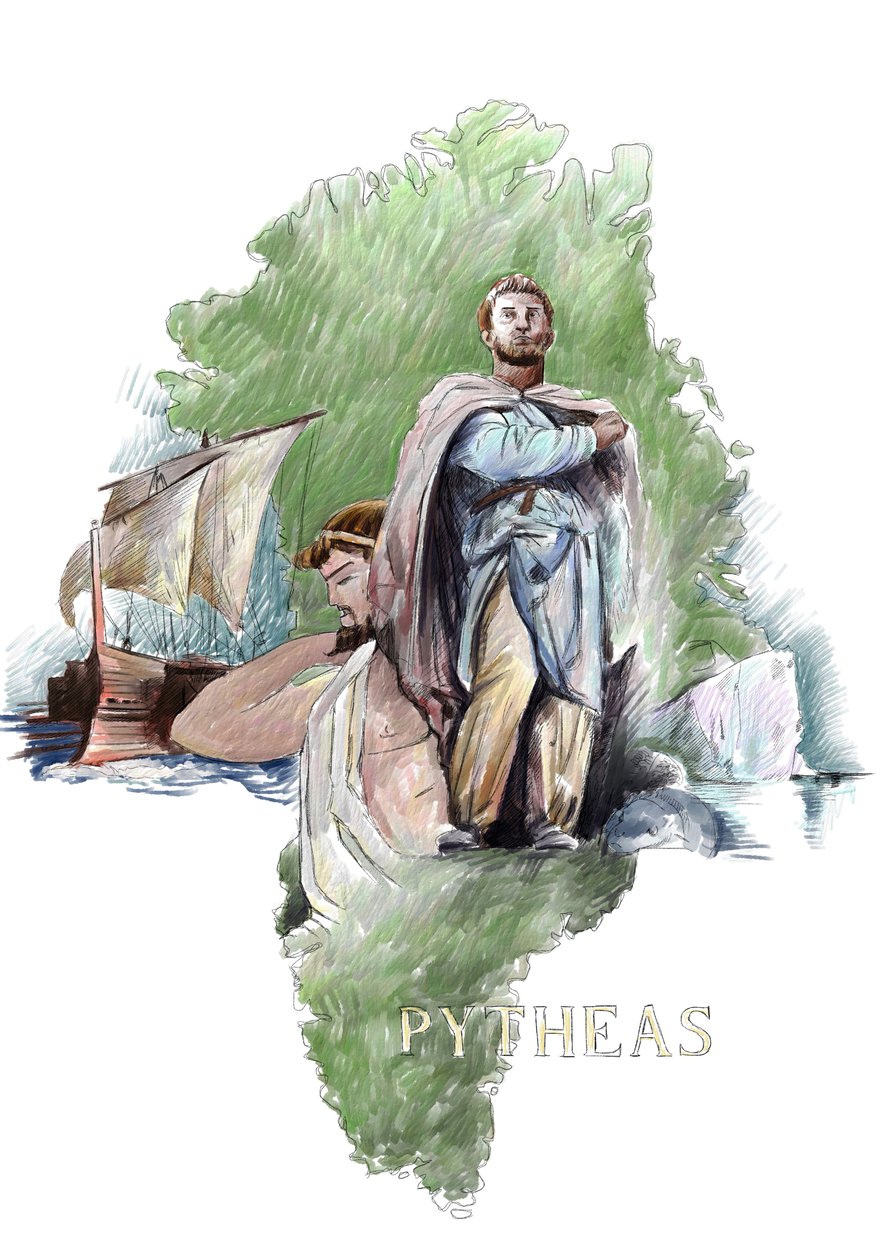 Representação do explorador grego Pytheas de Massalia, século IV a.C. (Retrato de Pytheas de Massalia geógrafo e explorador grego, século IV a.C.) Ilustração de Alessandro Lonati de Alessandro Lonati